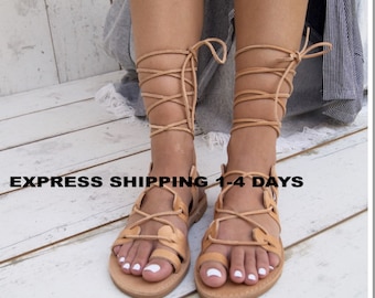 Handmade Greek Leather Gladiator Sandals: Toe Ring Lace-Up