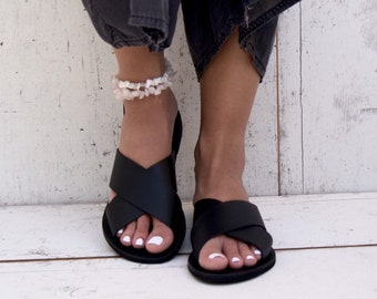 Ermioni Leather Sandals/ Handmade Greek Sandals, Flat Sandals/Women's Slide Sandals/Black flat Sandals.