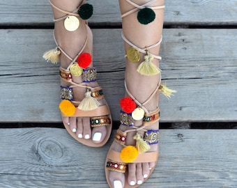 Pom Pom Gladiator Sandals: Greek Leather Lace-Up Boho Shoes