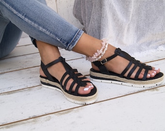 CANDY Espadrilles/ Black Edition.Greek leather sandals.Ancient Greek sandals.Platform sandals.