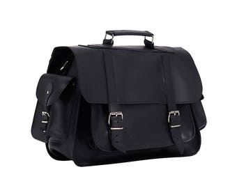KAYLA BLACK LARGE 15 inch leather briefcase/ messenger bag/ shoulder bag/ laptop bag/ old school bag/ mens bag/ crossbody bag