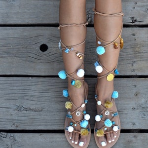 Pom Pom Sandals Island/Tie up Gladiator Sandals/Greek Leather Sandals/Lace up Sandals/Boho Shoes image 4