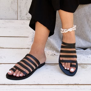 THALIA sandals/ancient greek leather sandals/strappy sandals/roman sandals/toe ring sandals/classic leather sandals/handmade black sandals. image 1