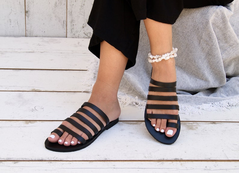 THALIA sandals/ancient greek leather sandals/strappy sandals/roman sandals/toe ring sandals/classic leather sandals/handmade black sandals. image 1