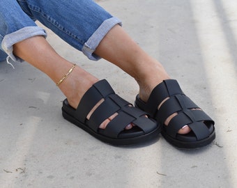 Black Leather Woven Sandals: Greek Summer Shoes, Handmade in Greece