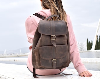 Genuine leather backpack”DORIS” Extra Large/Handmade Waxed Leather Backpack