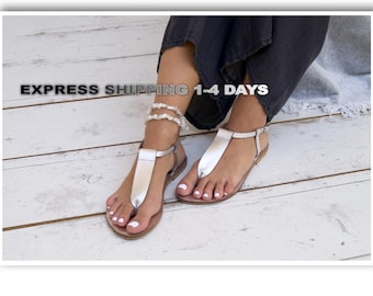Silver Greek Leather Sandals, Handmade T-Strap Flats