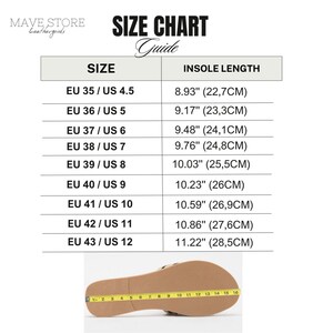 May include: Size chart guide for footwear, with EU and US sizes, and insole lengths in inches and centimeters. The chart includes sizes EU 35/US 4.5 to EU 43/US 12. A sandal is shown with a measuring tape.