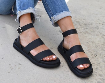 Black Leather Ankle Cuff Sandals: Handmade Greek Summer Shoes