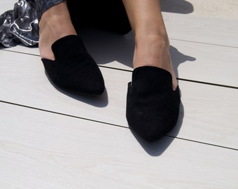 Black Swede Mules Naisabyn"/Greek suede sandals/women suede flats/ Black suede slippers/Black shoes