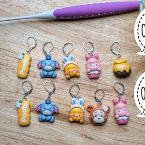 Cute Pooh Bear Stitch markers - resin crochet or knitting progress keepers, set of five with clasps, Tigger Winnie Rabbit Piglet Eeyore