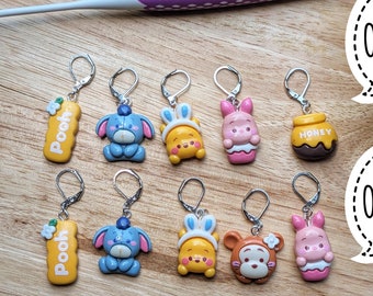 Cute Pooh Bear Stitch markers - resin crochet or knitting progress keepers, set of five with clasps, Tigger Winnie Rabbit Piglet Eeyore