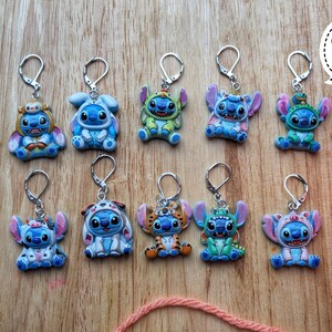 Cute Kawai Stitch markers - resin crochet or knitting progress keepers, set of five with clasps, cartoon, animal big eared monster blue