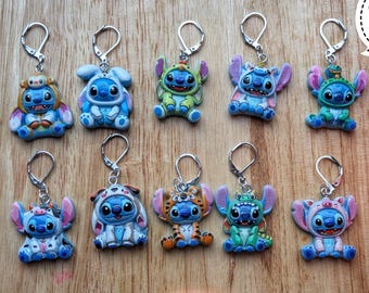 Cute Kawai Stitch markers - resin crochet or knitting progress keepers, set of five with clasps, cartoon, animal big eared monster blue
