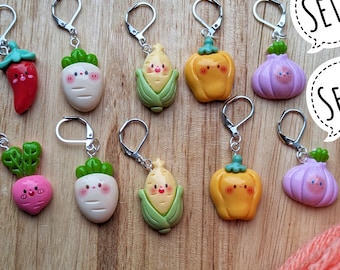 Cute veggie Stitch markers - resin crochet or knitting progress keepers, set of five with clasps, kawai