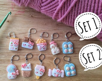 Cute Kawaii Cat + Sweets Stitch markers - resin crochet or knitting progress keepers  clasps chocolate bubblegum bubble tea icecream fries