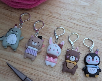 Cute animal Stitch markers - resin crochet or knitting progress keepers, set of five with clasps, rabbit, dog, bear, dino, cat