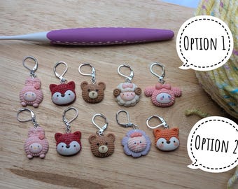 Cute Crochet animals Stitch markers - resin crochet or knitting progress keepers, set of five with clasps, fox bunny sheep bear flower