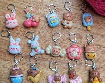 Cute Kawaii Bears Stitch markers - resin crochet or knitting progress keepers, set of five with clasps, candy cup banana jelly duck