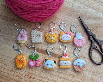 Cute Kawaii Cookies Stitch markers - resin crochet or knitting progress keepers  clasps panda smores cherries waffle bear bunny