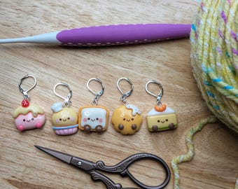 Cute Macaroon animal Stitch markers - resin crochet or knitting progress keepers, set of five with clasps, bee monkey dog fox cat