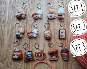 Cute Kawai Stitch markers - resin crochet or knitting progress keepers, set of five with clasps, rabbit, dog, cupcake, ballerina