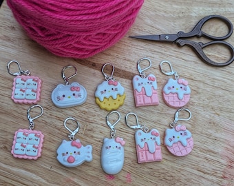 Cute Kawaii Cat + Sweets Stitch markers - resin crochet or knitting progress keepers  clasps chocolate bubblegum bubble tea icecream fries