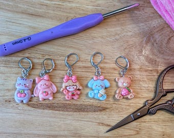 Cute animal Stitch markers - resin crochet or knitting progress keepers, set of five with clasps, bee monkey dog fox cat