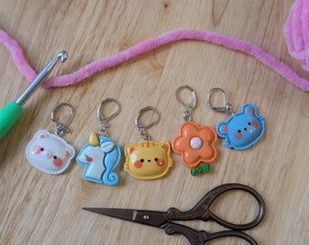 Cute Patch animal Stitch markers - resin crochet or knitting progress keepers, set of five with clasps, flower bear unicorn star panda dino