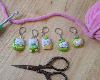 Cute Apple-Kitten Stitch markers - resin crochet or knitting progress keepers, set of five with clasps, kawai, cat whimsical green gift car