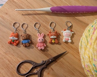 Cute animal Stitch markers - resin crochet or knitting progress keepers, set of five with clasps, rabbit, dog, bear, dino, cat