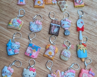 Cute kawaii Kitty Stitch markers—resin crochet or knitting progress keepers—set of 5 with clasps Hello Kitty kawaii cat food sea surf sweets