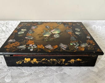 Victorian Jennens And Bettridge Paper Mache Writing Slope - Mother Of Pearl Decoration