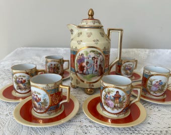 Vintage Royal Wiener Stil Schokoladen Kanne mit 6 Demi Tasse und Untertassen