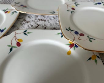 6 Vintage 1930er Jahre Bell China Quadrat, handbemalte Beilagenteller