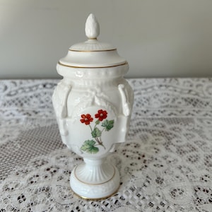 Urne/pot avec couvercle en porcelaine tendre Minton vintage - Décoration de fleurs sauvages roses et rouges