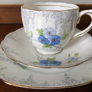 Vintage Art Deco English Bone China Teacup Trio in Hedgerow Design of Blue Flowers with Gilding by Royal Standard