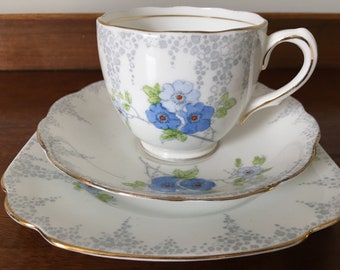 Vintage Art Deco English Bone China Teacup Trio in Hedgerow Design of Blue Flowers with Gilding by Royal Standard