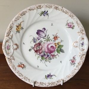 Plato para tartas de porcelana antigua de Dresde pintado a mano: 25 cm de diámetro