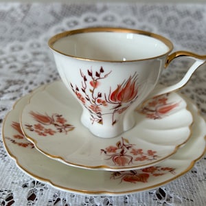 May include: A white teacup and saucer set with a delicate floral pattern in shades of pink and brown. The set features a gold trim around the edges.