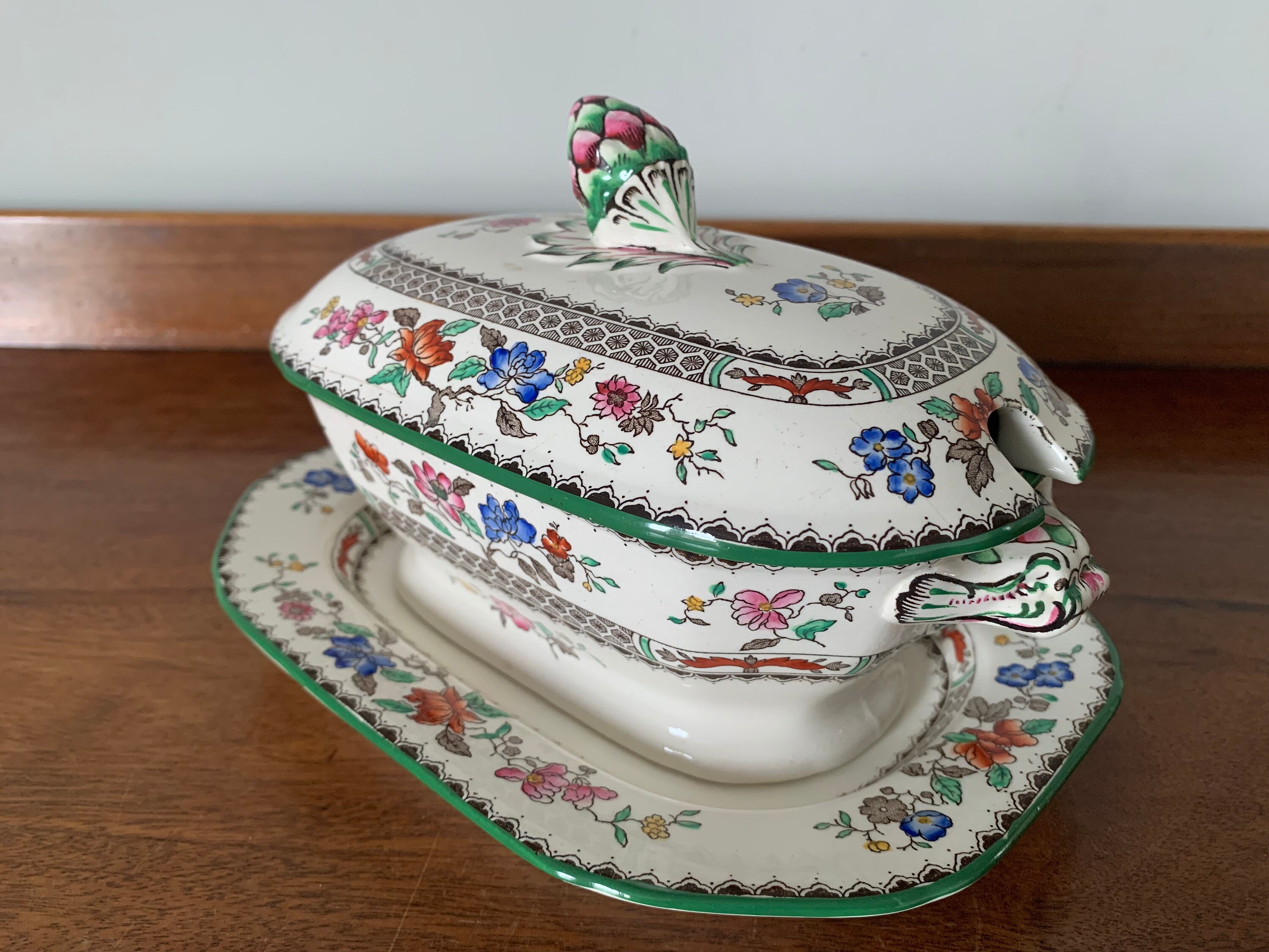1930s Copeland Spode Chinese Rose Sauce Tureen With Under Plate