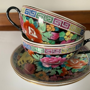 Two Vintage Chinese Famille Rose Mille Fleur Tea Cups and Saucers