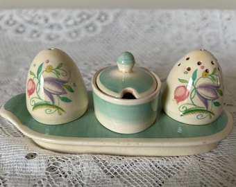 Juego de vinagreras Art Déco Susie Cooper – Salero, pimentero y mostaza con aroma floral Dresden