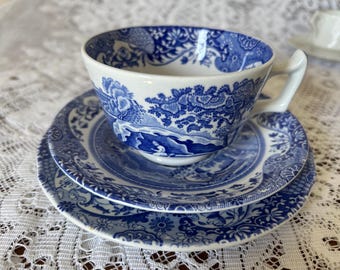 Spode Blue Italian Teacup. Saucer and Side Plate