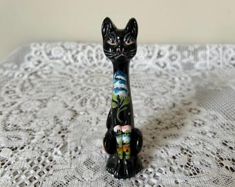 Vintage Black Decor Main Painted Langhalsige Katzenfigur - Höhe 14 cm