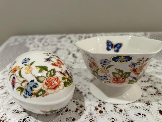 Aynsley Cottage Garden Design Egg-shaped Trinket Box and Bowl