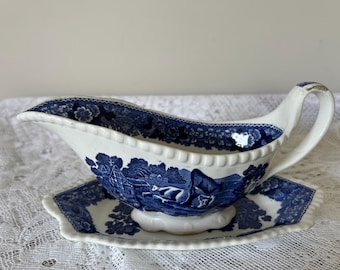 Vintage Adams Ironstone English Scenic Blue Gravy Boat and Plate