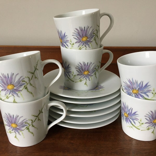 Six vintage Spal Portuguese fine porcelain espresso cups and saucers - cornflower design
