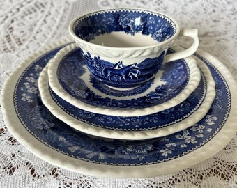 Adams Ironstone English Scenic Blue Tea Quartet - Teacup, Saucer, Side Plate, Serving Plate