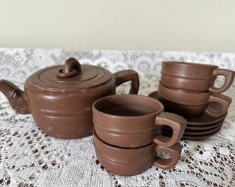 Antique Yixing Clay Teapot and 4 Cups and Saucers